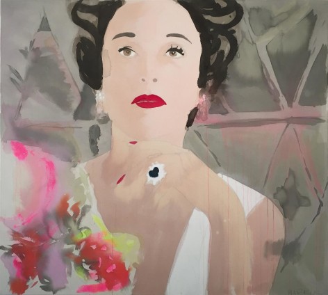 BRINTZ GALLERY, LIZ MARKUS, Babe Paley in Verdura, 2018, Acrylic and pencil on unprimed canvas, 46 by 51 inches, Unique Art