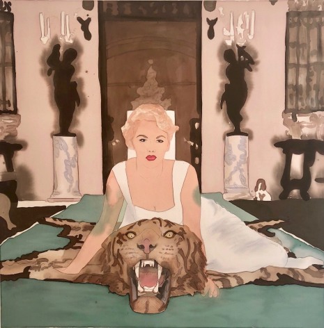 BRINTZ GALLERY, LIZ MARKUS, Daphne Cameron on Tiger Skin Rug, 2018, Acrylic and pencil on unprimed canvas, 60 by 60 inches, Unique Art