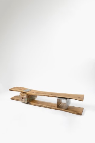 The First Table, 2021, olive wood, aluminium cast of a carton box, gold leaf and a block of onyx