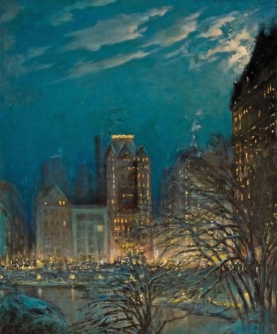 Orlando Rouland The view from Central Park at night Oil on canvasboard 76.2 x 63.5 cm. (30 x 25 in.)