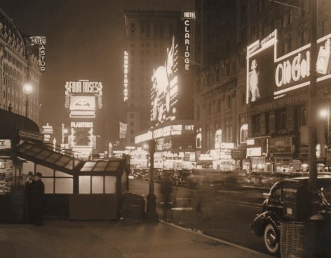 Paul J. Woolf, Broadway, ​c. 1935. Night time street scene featuring lit neon hotel, casino, and advertising signs.