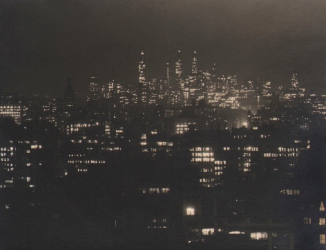 Paul J. Woolf, Untitled, ​c. 1935. Night time cityscape with tallest buildings in the background.