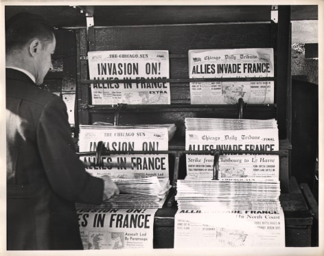 Gordon Coster, Untitled, ​1944. Newspaper display with headlines such as &quot;Allies Invade France&quot; and &quot;Invasion On! Allies in France&quot;