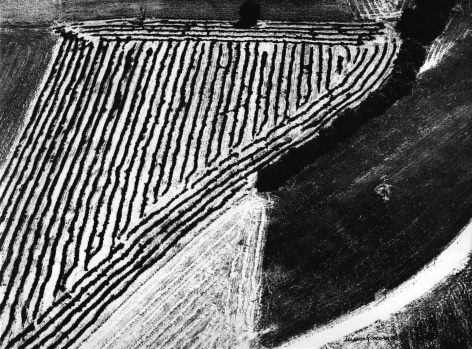 Mario Giacomelli, Medite, ​n.d. Abstract landscape divided into three sections: a striped triangle in the upper left, a white triangle in the lower left, and a black square section in the lower right.