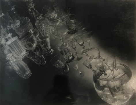 Harold Haliday Costain, Crystal Fantasy, 1935. Various crystal glasses and decanters arranged in a diagonal composition from top-left to lower-right of the frame.