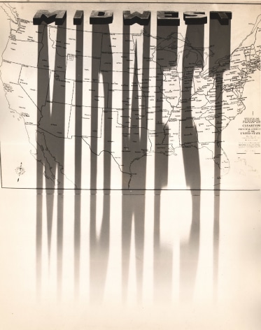 Gordon Coster, Untitled, n.d. Long shadows cast the word &quot;Midwest&quot; across a map of the United States.