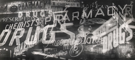 09. David Attie, Untitled (Pharmaceuticals), c. 1958. Multiple-exposure photograph of various neon signs, all pharmacy-related.