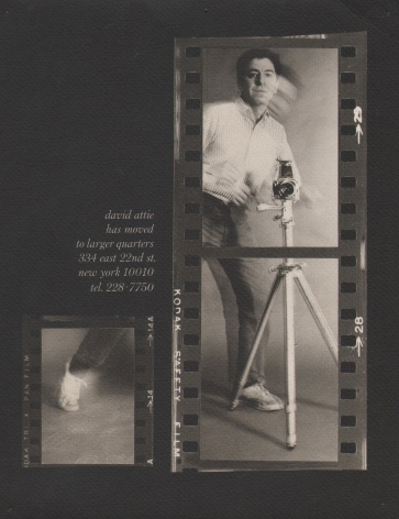 01. David Attie, Self-Portrait, c. 1965. Contact sheet with two strips of film against black. The photographer, blurred with motion, stands behind a tripod. A message on the left reads &quot;david attie has moved to larger quarters 334 east 22nd st. new york 10010 tel. 228-7750&quot;