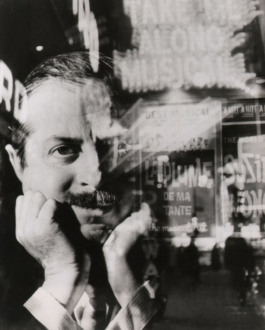 08. David Attie, David Merrick (Vogue Magazine), 1959. Multiple-exposure featuring a portrait of a man with head resting on his hands superimposed with Broadway marquees.