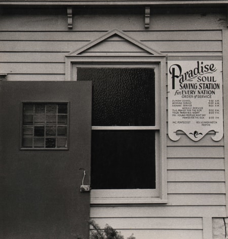 05. Beuford Smith, Paradise Soul, Brooklyn, ​1970. Detail of the window and door of a church marked by a sign: &quot;Paradise Soul Saving Station for Every Nation&quot;