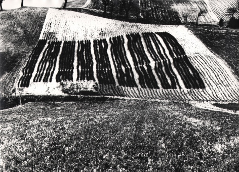 Mario Giacomelli, On Being Aware of Nature, 1954&ndash;2000. Abstract landscape composed of a white square divided by vertical black rectangles.