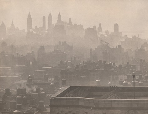 Paul J. Woolf, City Symphony, ​c. 1935. Hazy cityscape with a nearby rooftop in the foreground right and semi-obscured skyscrapers silhouetted in the mid- and background.
