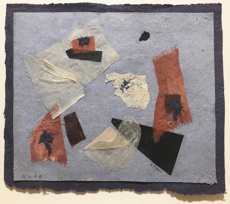 Abstract collage by Anne Ryan from circa 1948 to 1954 comprised of handmade blue paper, pinks and whites and collage elements united in the form of a square