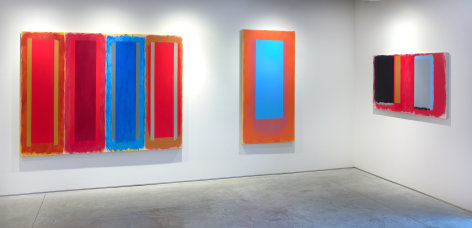 (from left) Pairs, 1996, acrylic on canvas, 64 3/8 x 84 in., Prequel, 1994, acrylic on canvas, 68 1/4 x 34 in., Untitled, 1993, acrylic on canvas, 32 1/8 x 56 in.