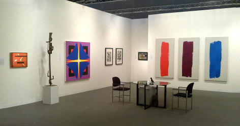 (from left) Alice Trumbull Mason, &quot;Fire Festival,&quot; 1951, oil on rayon, 16 x 20 in., Richard Stankiewicz, Untitled, n.d., steel, 67 x 8 x 9 in., Jack Youngerman, &quot;Bluefoil,&quot; 2011, oil on Baltic birch plywood, 60 x 60 in., Two signed screenprints from 1951 by Jackson Pollock, Untitled (After CR#340), Untitled (After CR#333), Jackson Pollock, Untitled (Equine III), c. 1944, oil on canvas, 13 x 18 in. CR#119, Ray Parker, Untitled (Triptych), 1963, oil on canvas, each canvas: 74 x 36 in., overall: 74 x 138 in.