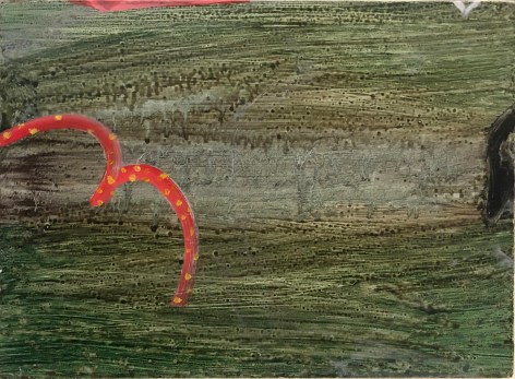 A painting by Claude Carone titled &quot;Red Bird&quot; with horizontal washes of green and black that appear like veils.  Abstract red form dotted with yellow approaches the composition from the left, a black form to the right