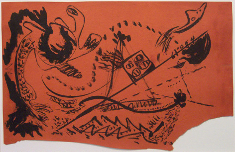 Untitled, c. 1946, brushed black india ink on orange paper, 11 5/8 x 18 in.  CR 763