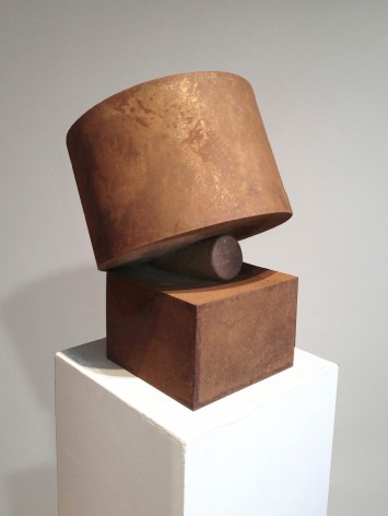 Steel abstract sculpture with brown patina on white base