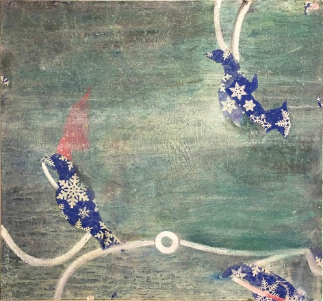 A painting by Claude Carone with abstract forms depicting nature in green with collage elements of wall paper in the shape of birds with snowflake patterns