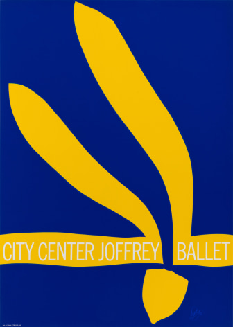 A Jack Youngerman poster for City Center Joffrey Ballet.  Yellow abstracted Icarus figure form falling against a dark blue ground with &quot;City Center Joffrey Ballet&quot; written across figure's outstretched arms