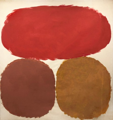 Painting by Ray Parker with red, brown and umber oval forms over an off-white ground