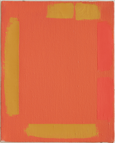 Small painting by Doug Ohlson with an orange ground under crimson and yellow bursts of color around the edges of the canvas