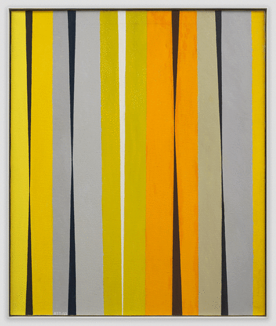 Abstract painting with yellow, green and black vertical forms