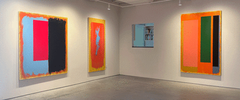 (from left) Chatam, 1993, acrylic on canvas, 68 x 58 in.,&nbsp;Broken Ankle Bastard Ptg.,&nbsp;1994-95, acrylic on canvas, 76 1/8 x 34 in.,&nbsp;Shadow,&nbsp;1993, acrylic on canvas, 78 1/8 x 48 1/4 in.