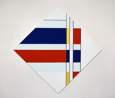 Diamond shaped canvas, red, blue, yellow geometric forms and black lines