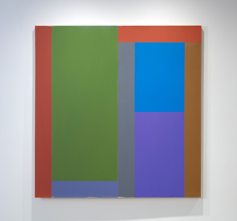 A painting by Doug Ohlson. Areas of color in light blue, green, purple, and red, brown and grey