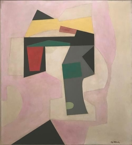 Abstract painting in pink, cream, yellow and grey geometric forms