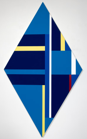 Abstract painting, canvas is rhombus-shaped, with blue, yellow, white and red geometric forms