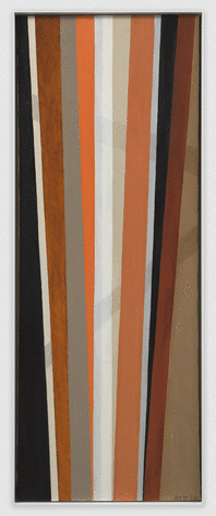 Painting in oil on canvas by Alice Trumbull Mason titled Magnitude with Shadow and created in 1964. Vertical rectangle in shape and 40 x 15 inches in size. Red, umber, black and grey in color
