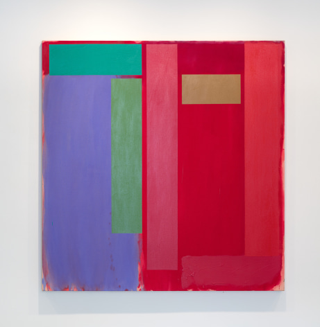 Painting by Doug Ohlson. Areas of color on square canvas - green, red, yellow, purple, and turquoise