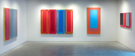 (from left) Wink, 1996, acrylic on canvas, 60 x 48 in., Pairs, 1996, acrylic on canvas, 64 3/8 x 84 in., Prequel, 1994, acrylic on canvas, 68 1/4 x 34 in., Untitled, 1993, acrylic on canvas, 32 1/8 x 56 in.