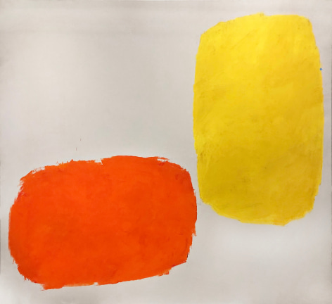 Painting by Ray Parker with two yellow and orange oval forms over an off-white ground