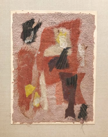 Abstract collage by Anne Ryan from circa 1948 to 1954 with torn paper and torn pieces of pink silk on pink paper