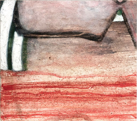 A painting by Claude Carone titled &quot;To Enter&quot; with deep red horizontal brush strokes across the bottom of the composition, with abstract sand-colored fleshy forms
