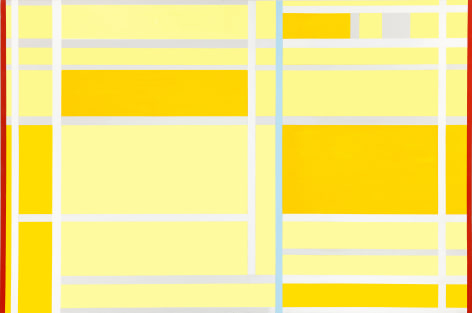 A rectangle painting with light yellow and dark yellow square and rectangular forms with white lines flanked by two red lines
