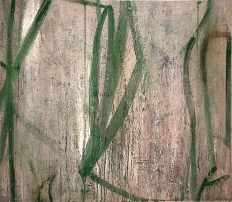 A painting by Claude Carone titled &quot;Ancient Light&quot; green vertical brush strokes appear like veils over a tan ground