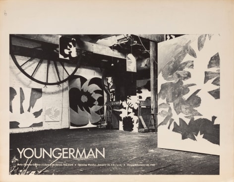 A Jack Youngerman poster for his exhibition at Betty Parsons.  Black and white photo of the artist's studio, large abstract paintings lean against the walls