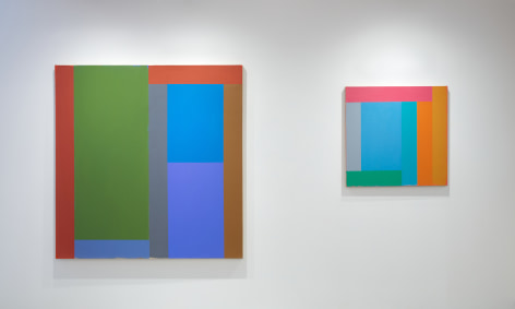 Installation view of the exhibition, &quot;Doug Ohlson: Paintings from the 1980s&quot; at the Washburn Gallery.  Two abstract paintings hanging on white walls.