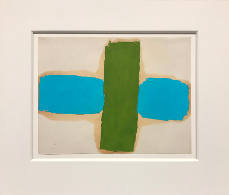 Painting on paper by Ray Parker with two blue horizontal forms interrupted by a green vertical form