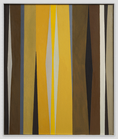 Painting in oil on canvas by Alice Trumbull Mason titled Equation of Diamonds and created in 1964. Vertical rectangle in shape and 38 x 32 inches in size. Ochre, brown, black and grey in color