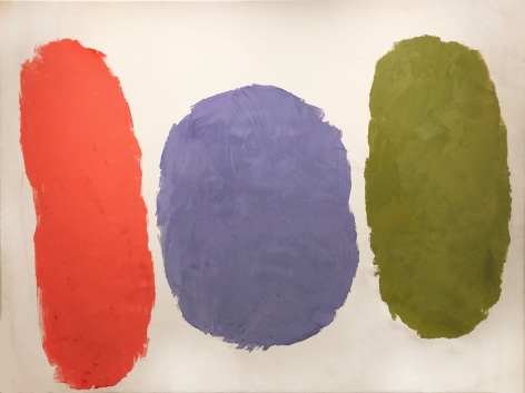 Painting by Ray Parker with red, purple and green oval forms over an off-white ground