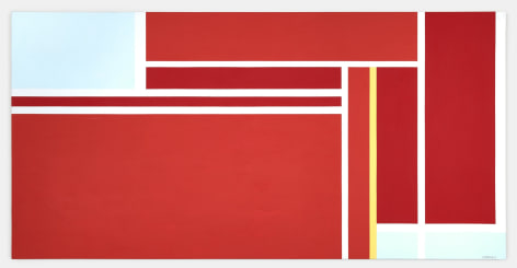 Rectangular painting with red, light blue rectangles and white and yellow lines