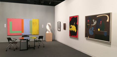 (from Left) Doug Ohlson, &quot;Bridgehampton,&quot; 1987-88, acrylic and oil on canvas, 60 x 108 in., Jack Youngerman, &quot;Pearl Gemini,&quot; 1993-2014, polystyrene resin sprayed with pearlescent paint, 38 x 18 x 18 in., Jackson Pollock, Untitled (After CR340), 1951, screenprint, ed. 16/25, 29 x 23 in., Myron Stout, Untiled, 1950 (April 13), oil on canvasboard, 20 x 16 in., Jack Youngerman, Untitled, c. 1961, oil on canvas, 25 5/8 x x 21 1/4 in., Ilya Bolotowsky, &quot;Umber,&quot; 1938-39, oil on canvas, 44 x 60 in.