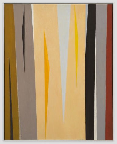 Abstract painting by Alice Trumbull Mason comprised of vertical forms in blue, grey, yellow, brown, umber and black