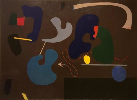 Painting with brown ground and biomorphic forms in primary colors