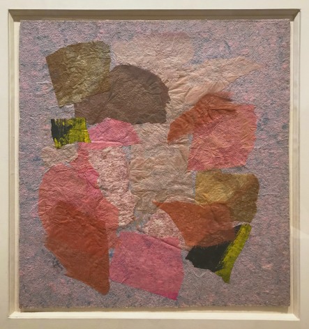 Abstract collage by Anne Ryan from circa 1948 to 1954 comprised of handmade paper, pinks and whites and collage elements united in the form of a square